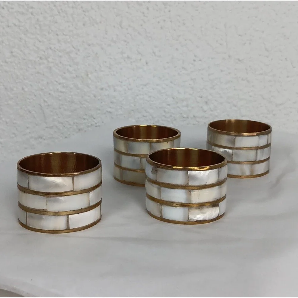 4 Mother of Pearl Napkin Ring Holders Brass Boho Seaside Table Setting